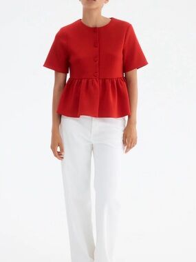 H&M Red Short-Sleeve Peplum Button Front Top
